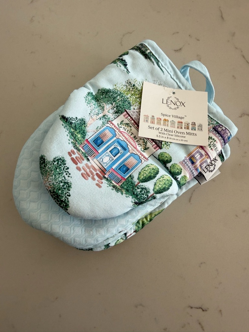 Lenox Spice Village Mini Oven Mitts - Light Blue with Multicolor Village Print